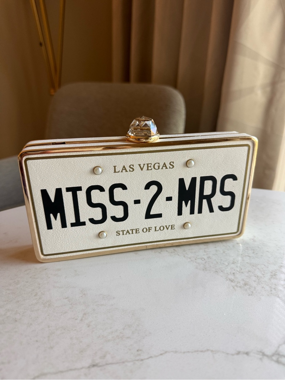 Aldo White and Gold 'Miss-2-Mrs' License Plate Clutch - Picture 7 of 7